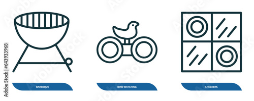 set of 3 linear icons from activity and hobbies concept. outline icons such as barbeque, bird watching, checkers vector