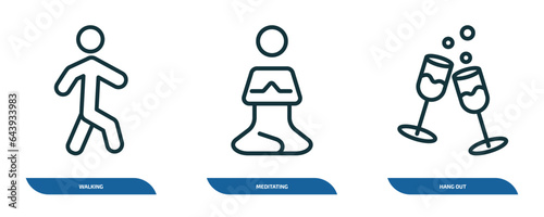 set of 3 linear icons from activity and hobbies concept. outline icons such as walking, meditating, hang out vector
