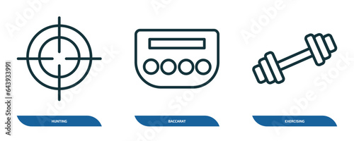 set of 3 linear icons from activity and hobbies concept. outline icons such as hunting, baccarat, exercising vector