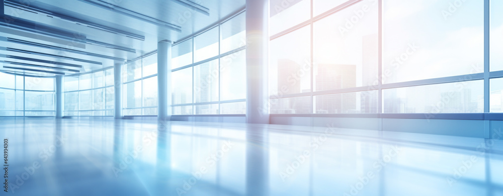 interior of a modern empty office with large panoramic windows on a sunny day. Generative Ai interior of a modern empty office with large panoramic windows on a sunny day. Generative Ai