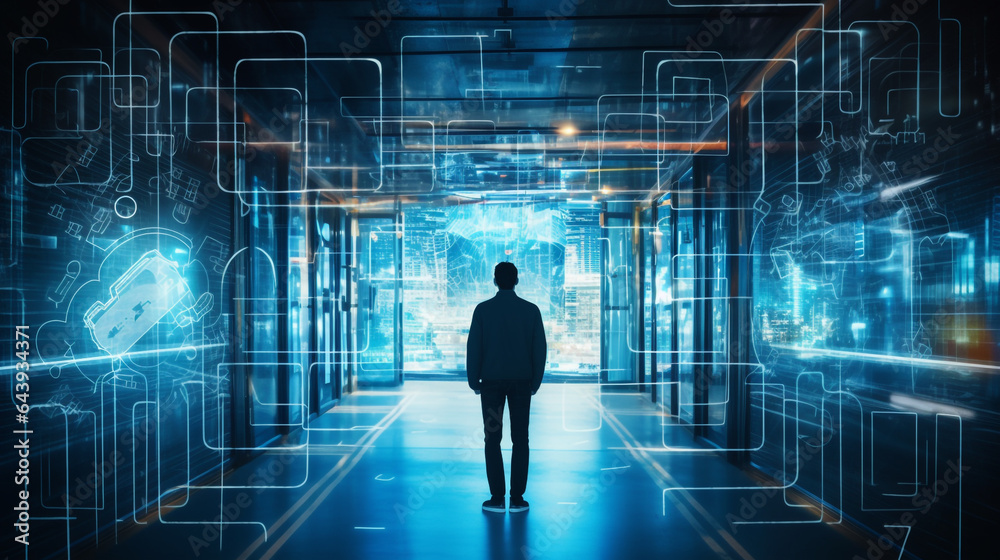 futuristic illustration with a man standing at the entrance to the global network. Generative Ai futuristic illustration with a man standing at the entrance to the global network. Generative Ai