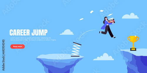 Businesswoman jumps over the abyss across the cliff flat style design vector illustration. Business concept of fearless businesswoman with huge courage. Risk, goal achievement, obstacles and success.
