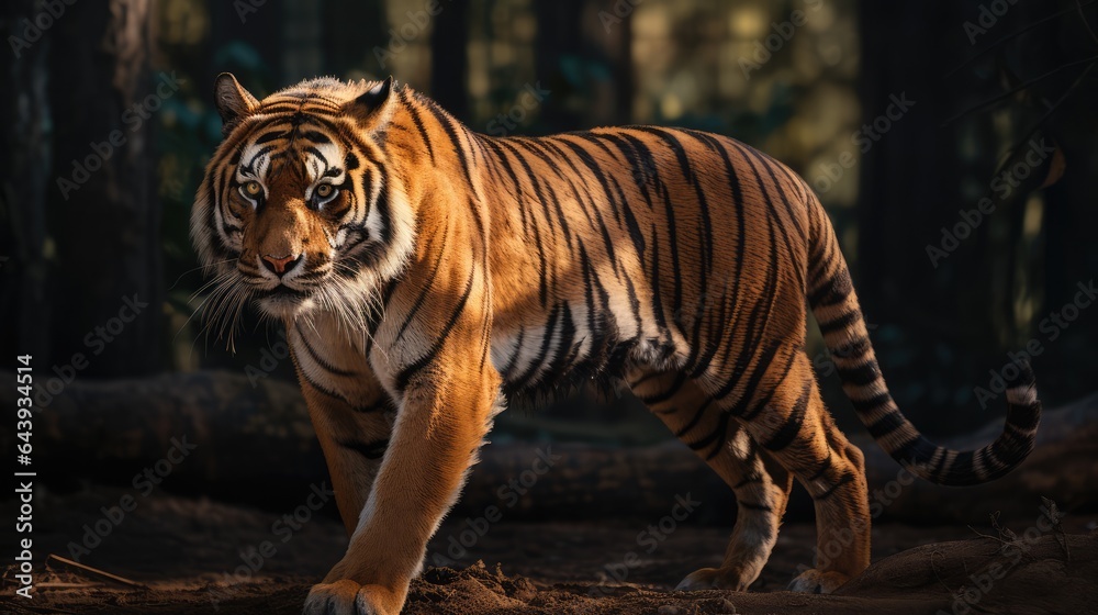 Fototapeta premium Close up of a tiger walking in the forest. AI generated Image