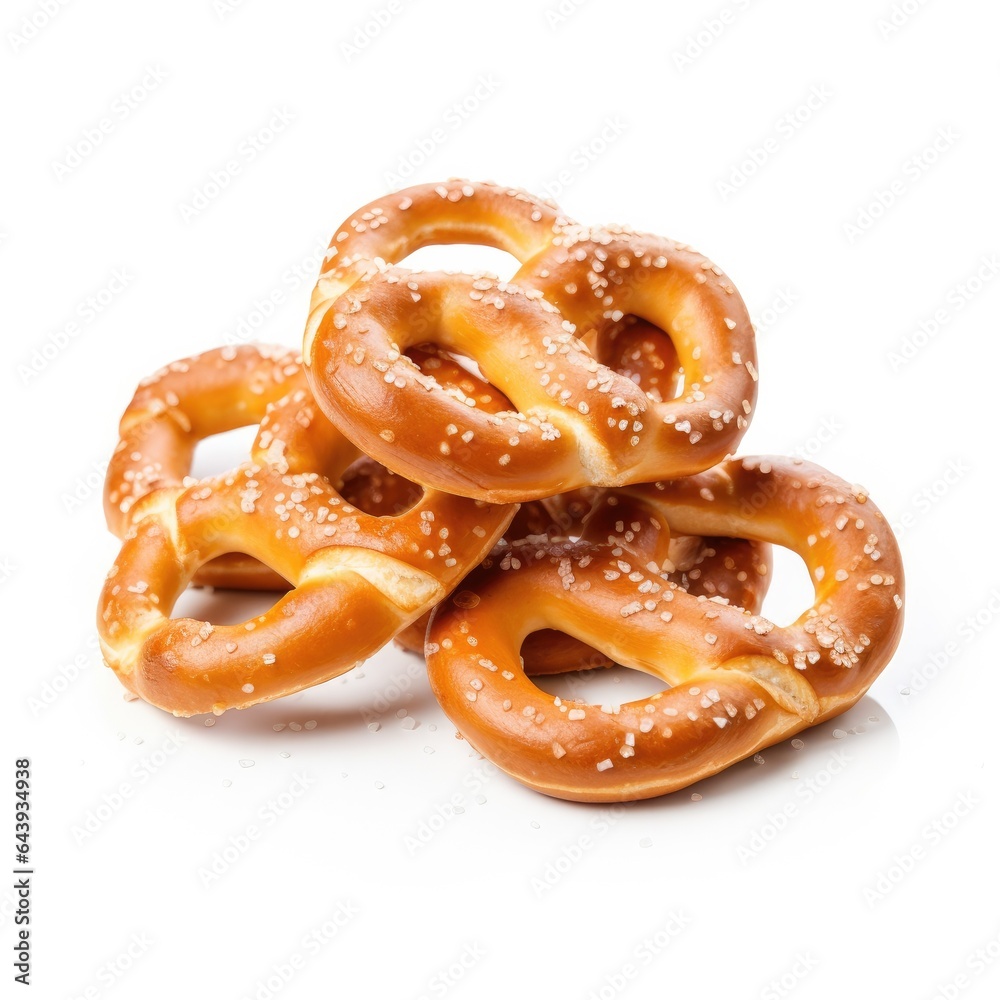 A pile of pretzels on the white background. Generative AI. A pile of pretzels on the white background. Generative AI.