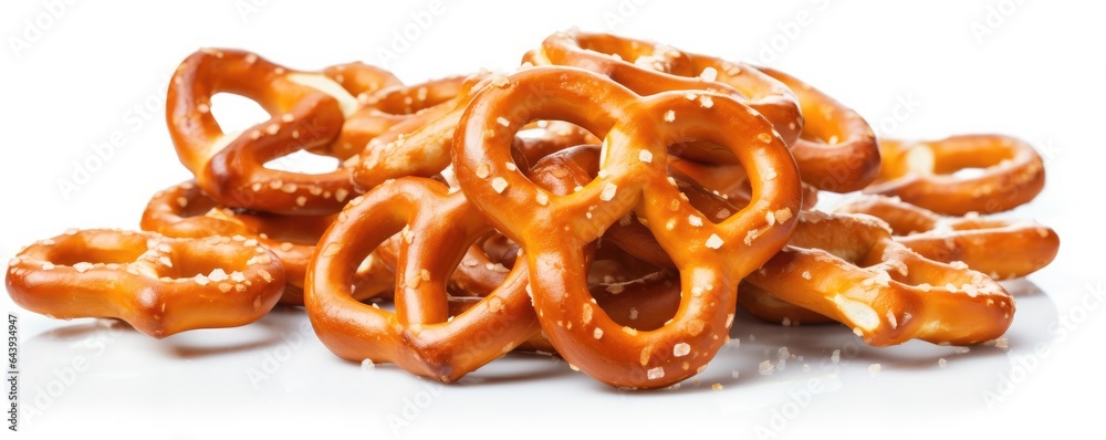 A pile of pretzels on the white background. Generative AI. A pile of pretzels on the white background. Generative AI.