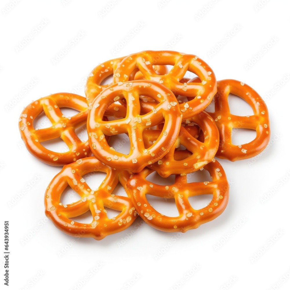A pile of pretzels on the white background. Generative AI.