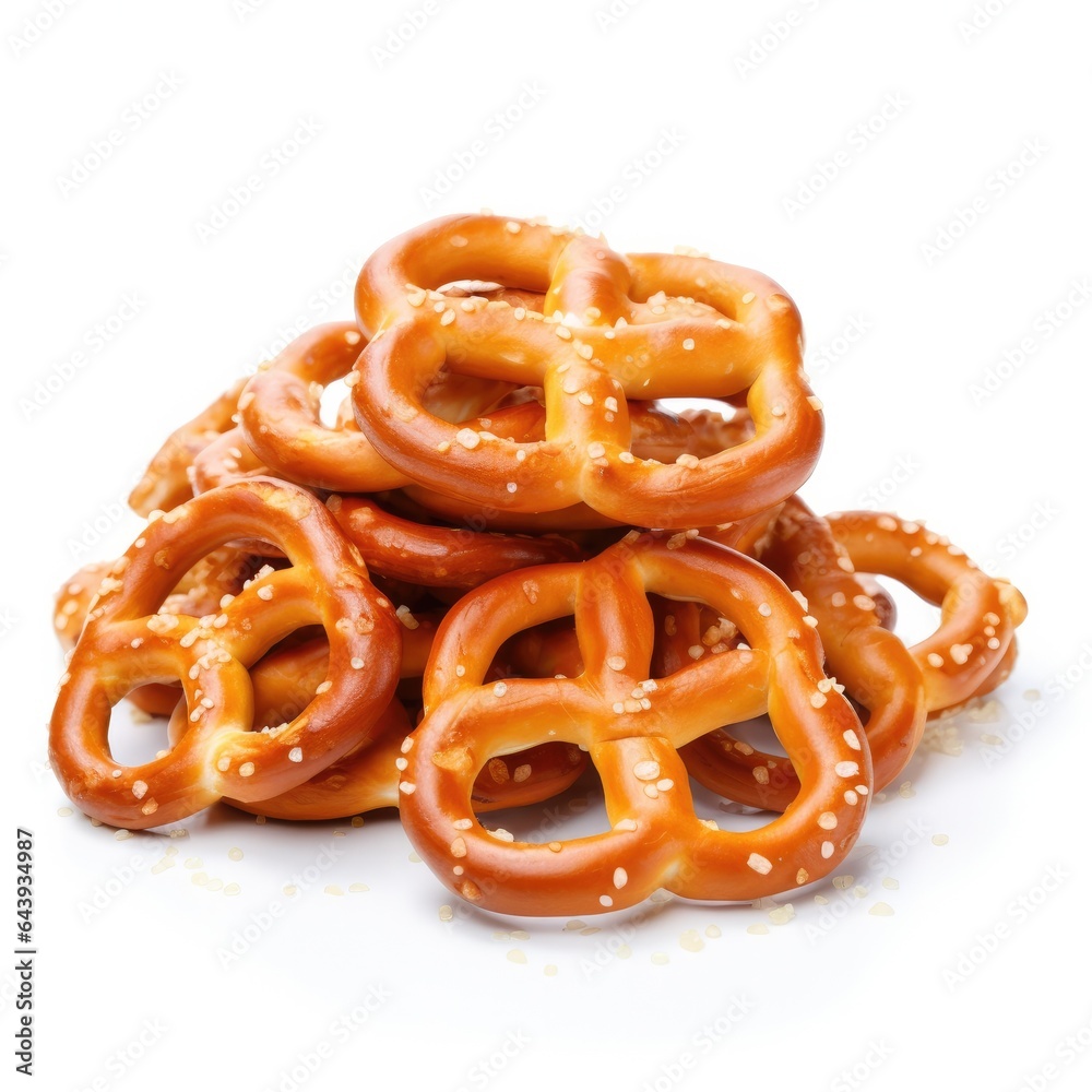 A pile of pretzels on the white background. Generative AI. A pile of pretzels on the white background. Generative AI.