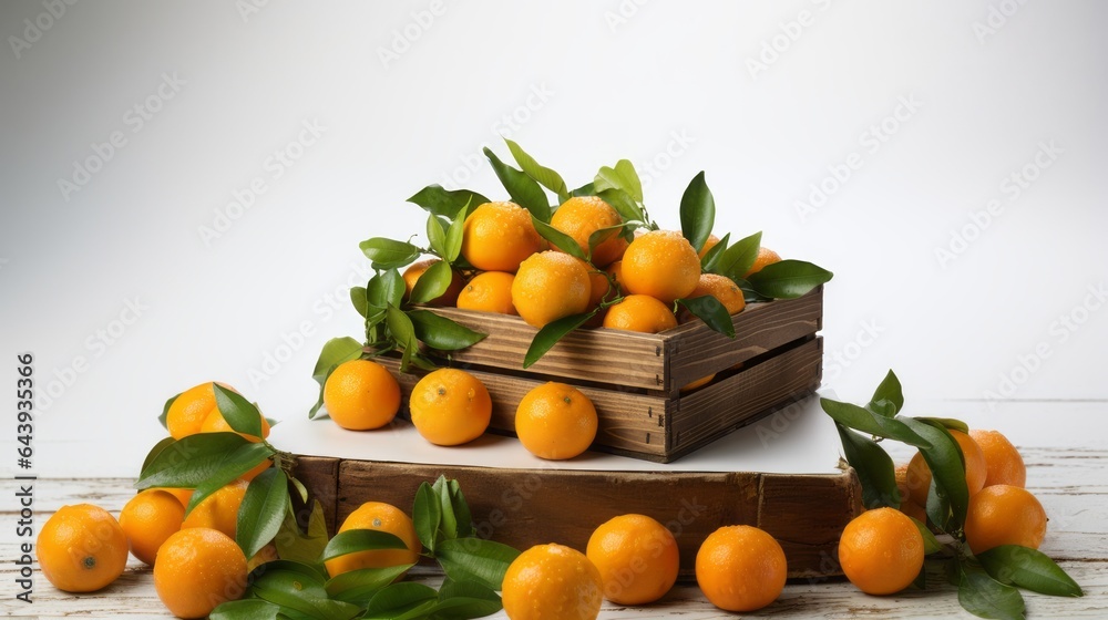 Tangerines in wooden box isolated on white background.