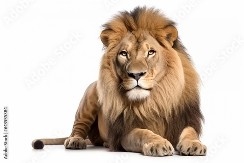 Male lion lying down on white background