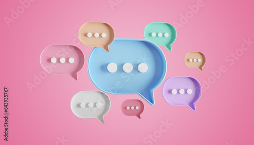 Minimalist blue red orange green purple speech bubbles talk icons floating over pink background. Modern conversation or social media messages with shadow. 3D rendering