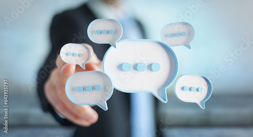 Man touching with his fingers digital speech bubbles talk icons. Minimal conversation or social media messages floating in front of businessman hand. 3D rendering