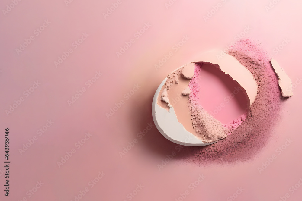 Trendy clean makeup design made from blush, bronzer, loose and compact face powder. Creative makeup aesthetic with copy space. - obrazy, fototapety, plakaty 
