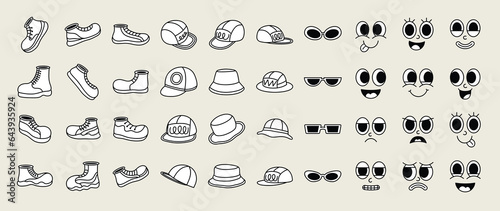 Set of 70s groovy comic vector. Collection of cartoon character faces in different emotions and glasses, hat, shoes. Cute retro groovy hippie illustration for decorative, sticker.