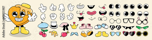 Set of 70s groovy comic vector. Collection of cartoon character faces in different emotions, hand, glove, glasses, hat, shoes, hairpin. Cute retro groovy hippie illustration for decorative, sticker.