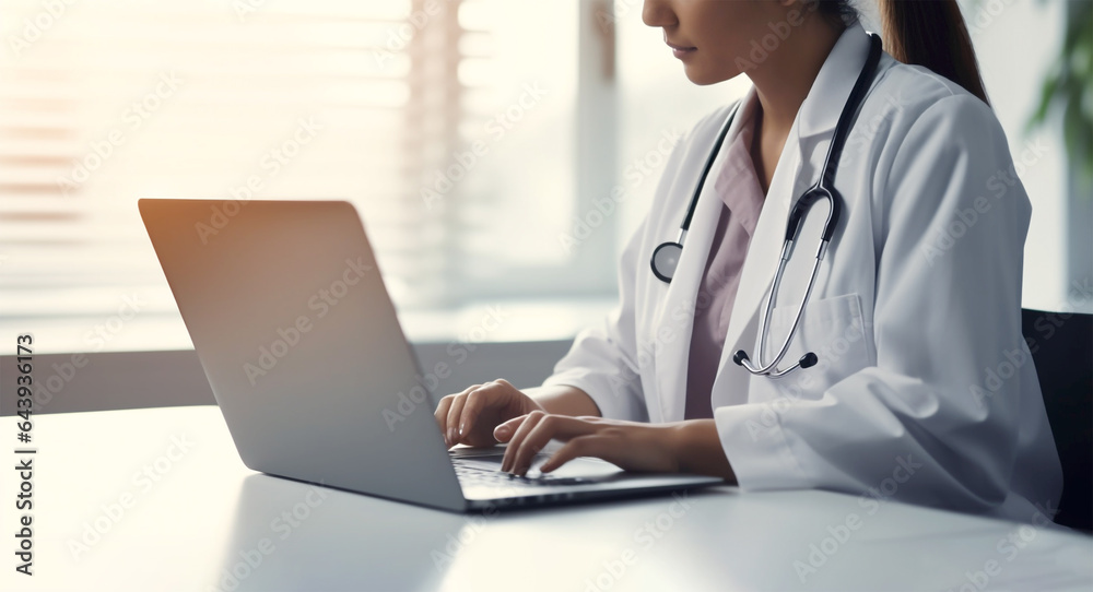 a female doctor with a laptop carefully examines the medical records of patients. close-up. Generative Ai a female doctor with a laptop carefully examines the medical records of patients. close-up. Generative Ai