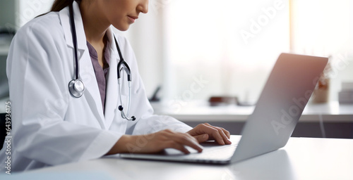 female doctor using a laptop carefully examines the patient's medical records. Generative Ai