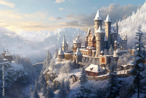 Fairy tale illustration, castle in snow time