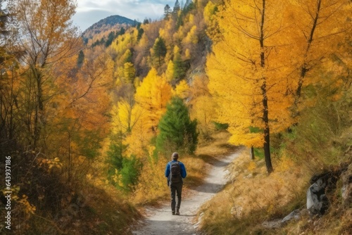 Autumn forest hiker scenery. Generate AI