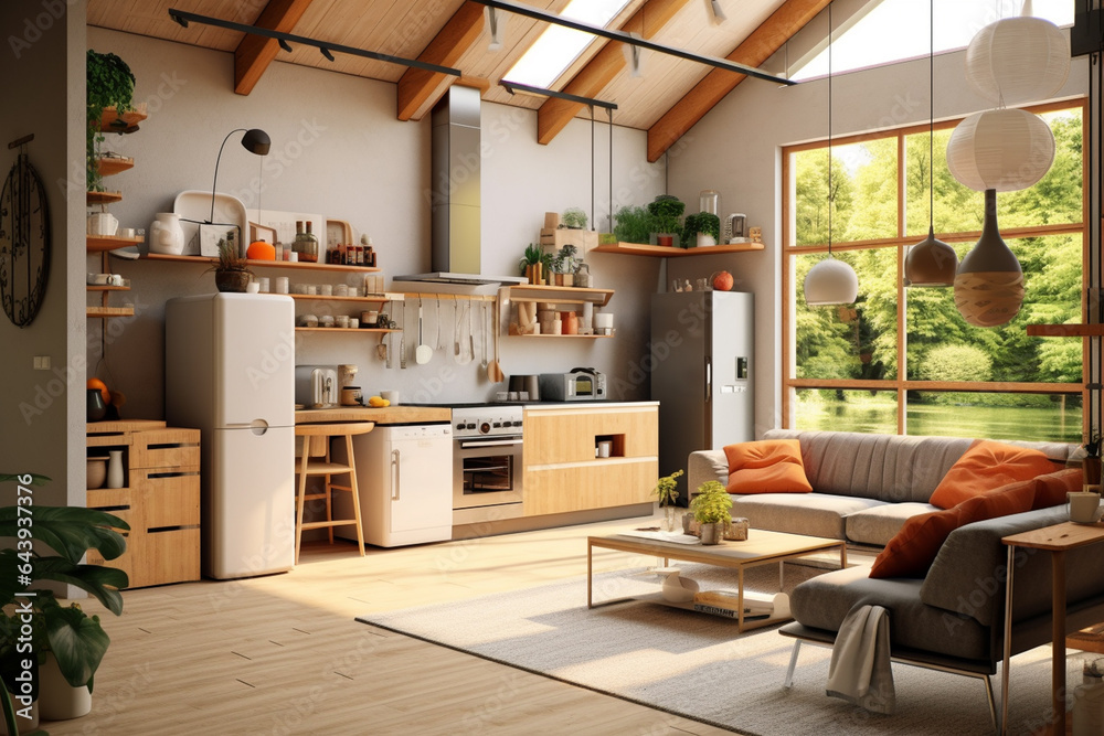 illustration of a Scandinavian kitchen with huge windows and wooden walls