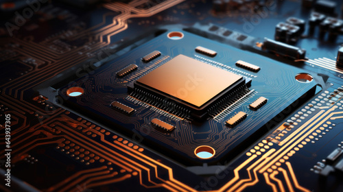 Technology chip, integrated microchip, Electronic circuit board, Circuit board. Technology background. Central Computer Processors CPU and GPU concept.Generative AI