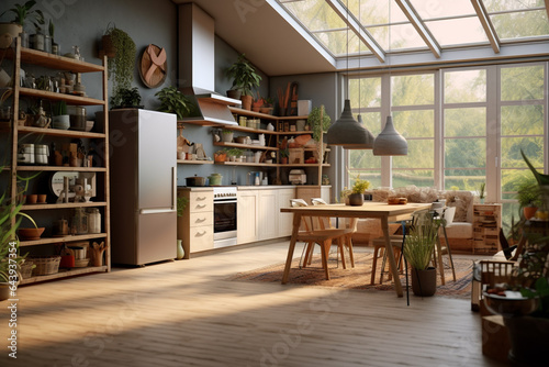 illustration of a Scandinavian kitchen with huge windows and wooden walls