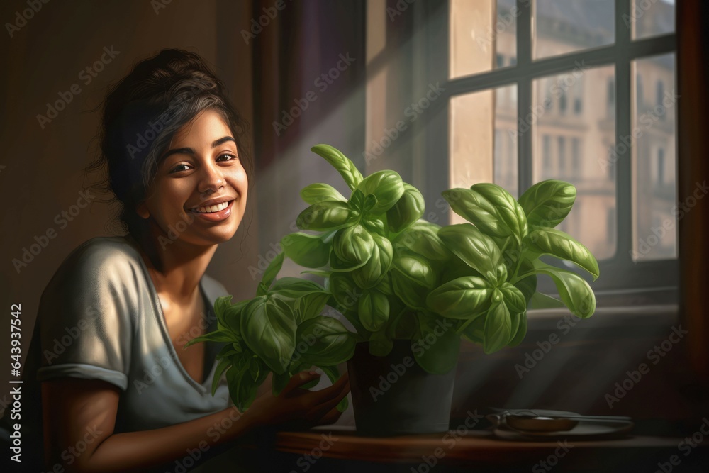 Home plant smiling woman. Generate Ai Home plant smiling woman. Generate Ai