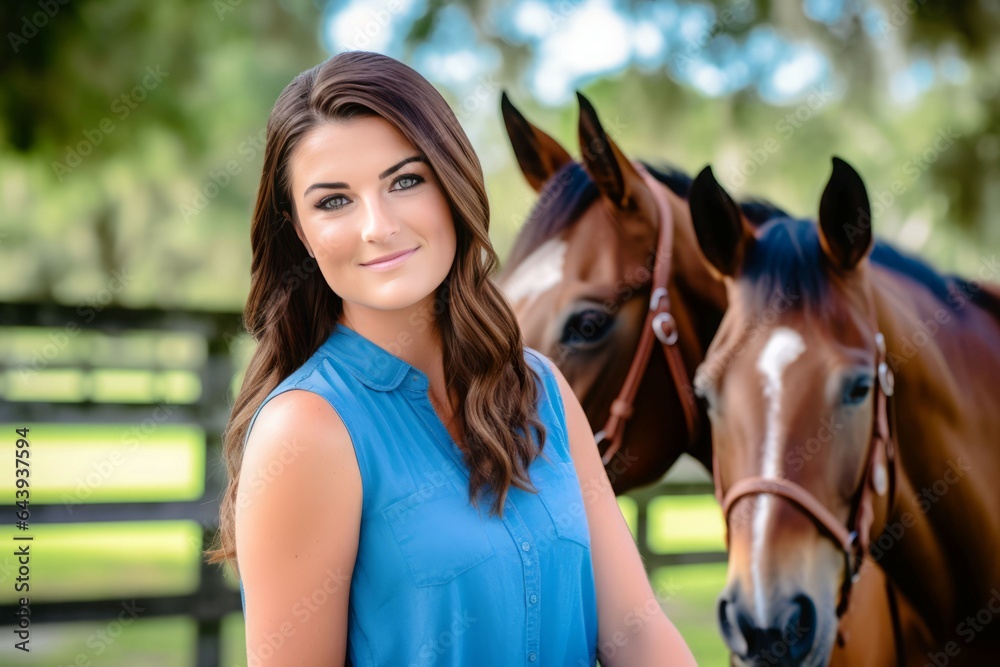 Obraz premium Brunette holding horse. Generate Ai