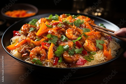 Asian rice noodles with shrimp and vegetables