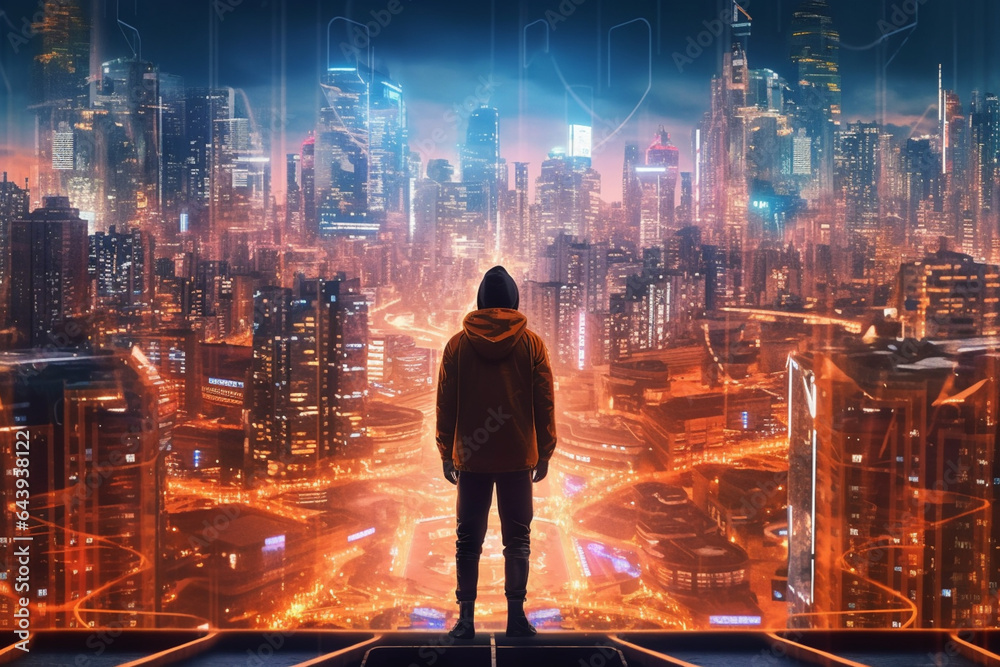male as hero stands in front of big city in neon lights