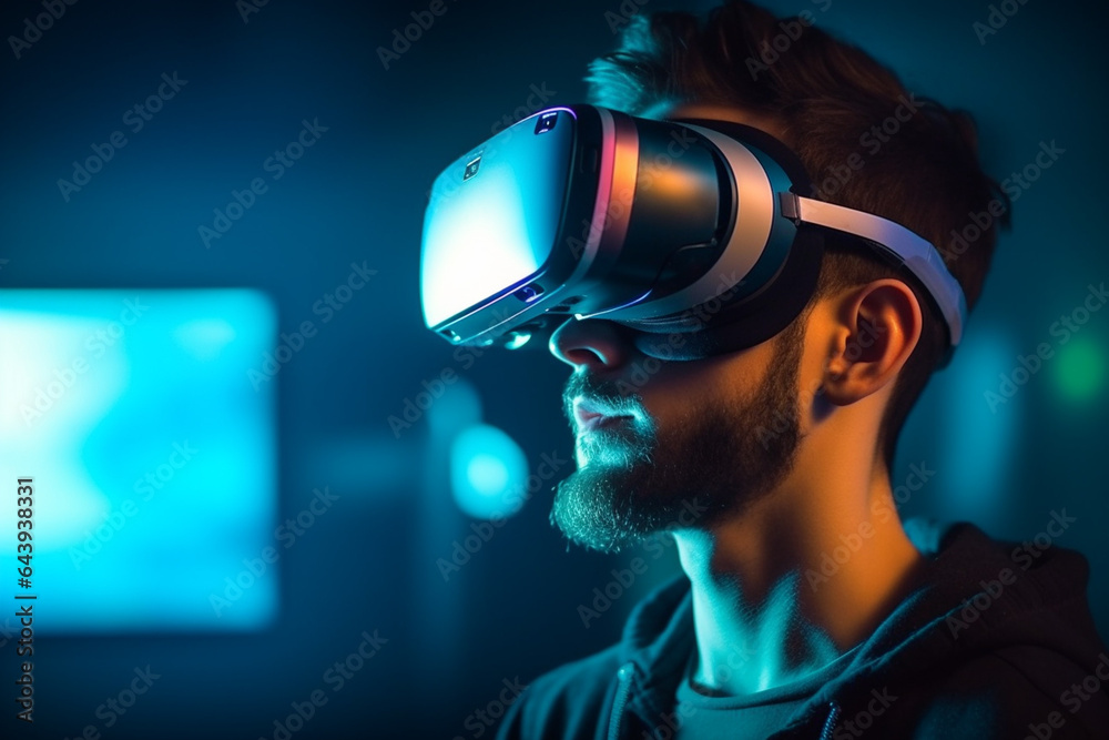 Man in VR glasses in futuristic universe on background Man in VR glasses in futuristic universe on background