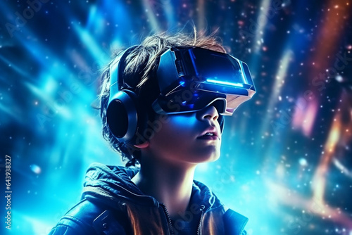 Man in VR glasses in futuristic universe on background © Simonforstock