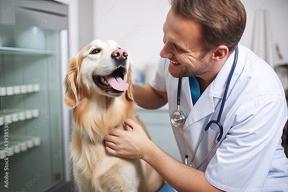 Veterinarian with a dog in the clinic. Smiling caucasian veterinary doctor checks the health of a Labrador Retriever dog. Love for pets and concern for their health.