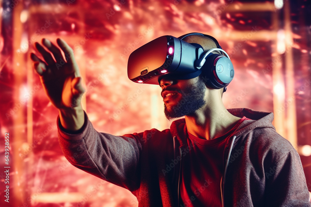 Man in VR glasses in futuristic universe on background Man in VR glasses in futuristic universe on background
