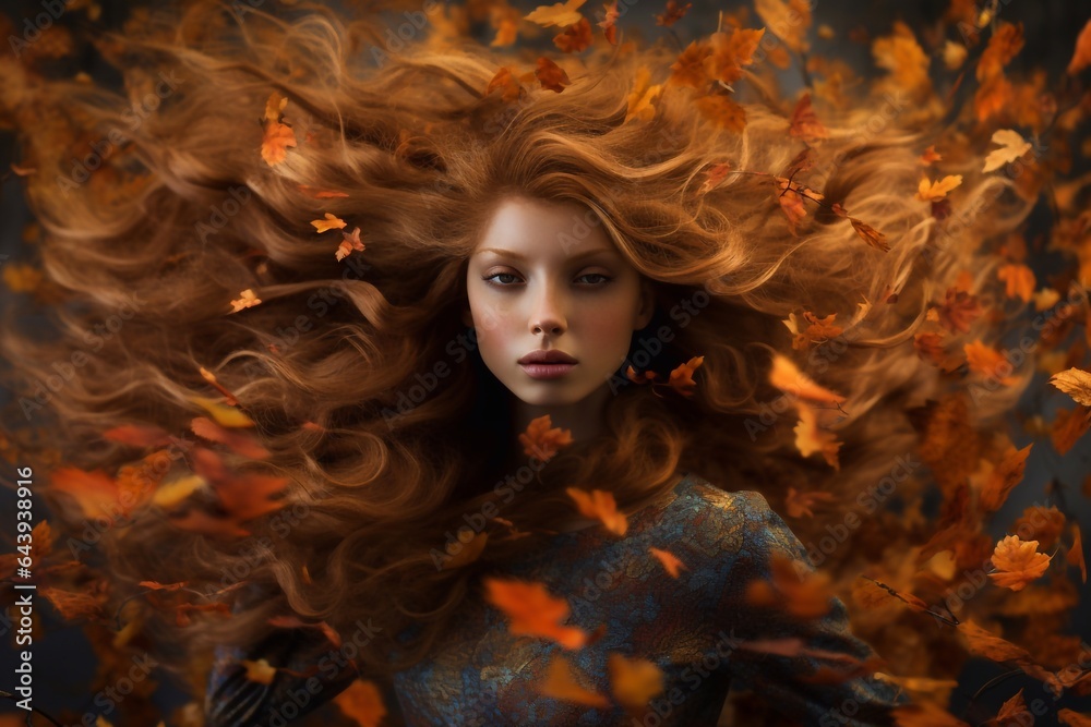Woman autumn portrait concept in leaves. AI generate Woman autumn portrait concept in leaves. AI generate