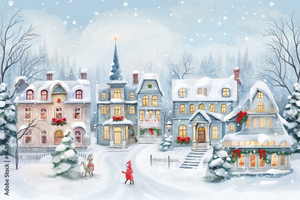 Charming winter town with Victorian homes, snowy streets, and festive Christmas decor. Perfect for a holiday card. Generative AI