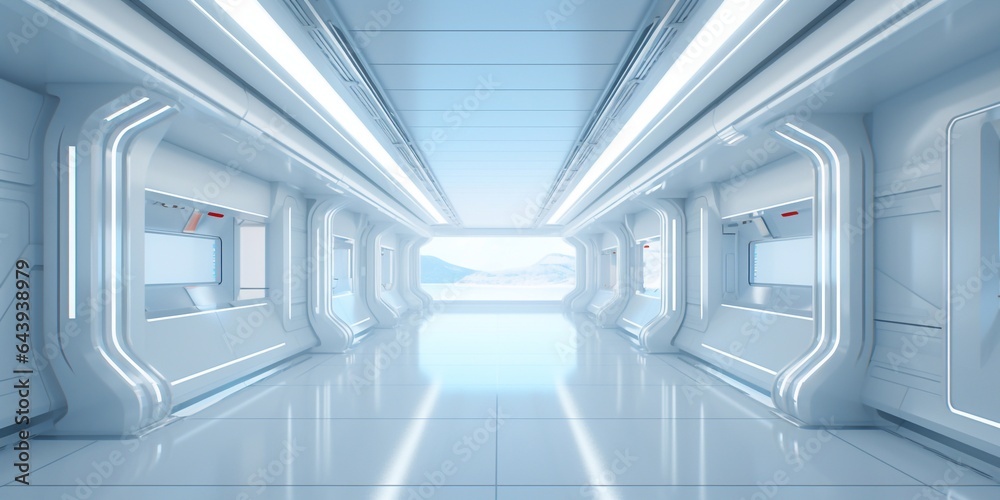 Modern interior futuristic clinic. White corridor