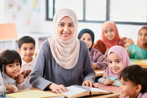 muslim female teacher in front of her class