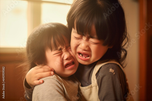 sad kids, the oldest kid comfort her sibling.