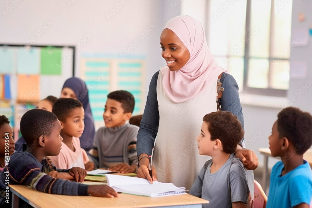 muslim female teacher in front of her class muslim female teacher in front of her class