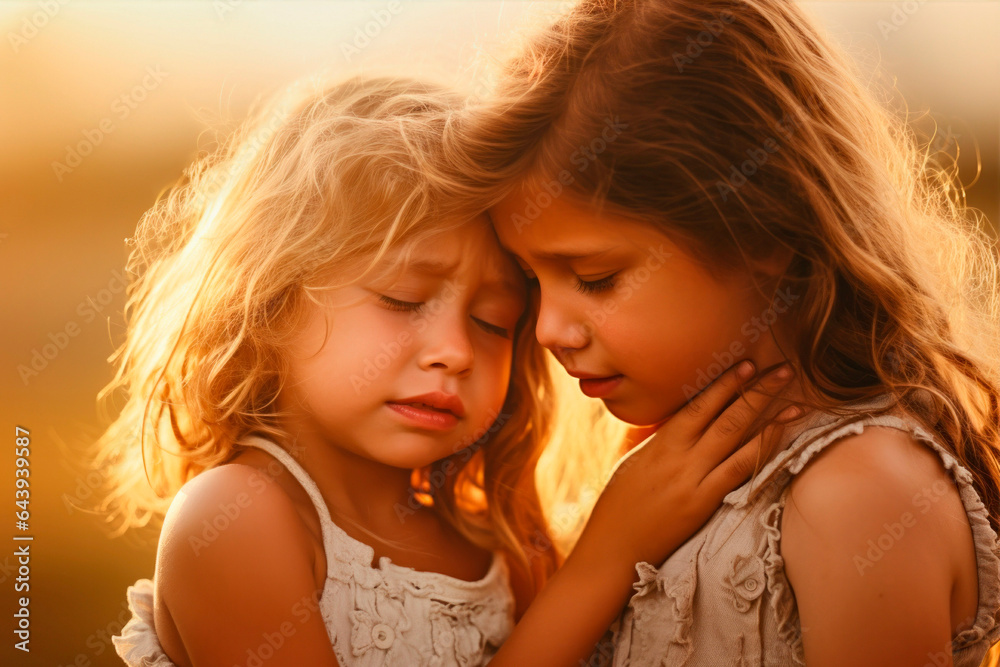 sad kids, the oldest kid comfort her sibling. sad kids, the oldest kid comfort her sibling.