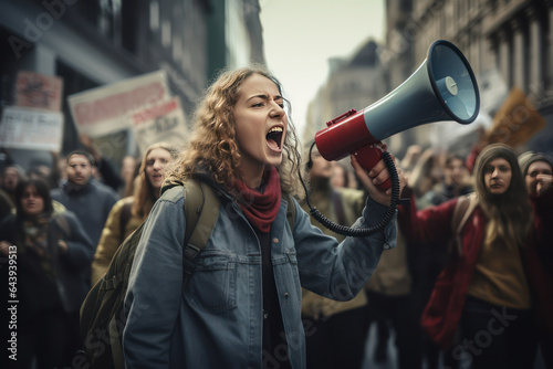 A young woman is chanting her demands through a megaphone during a demonstration. A radicalized young caucasian woman. In the background, a crowd of demonstrators with placards.