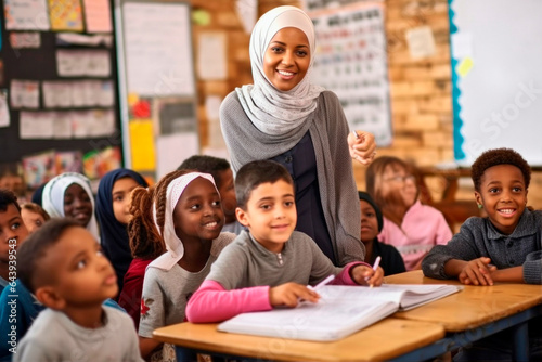 muslim female teacher in front of her class