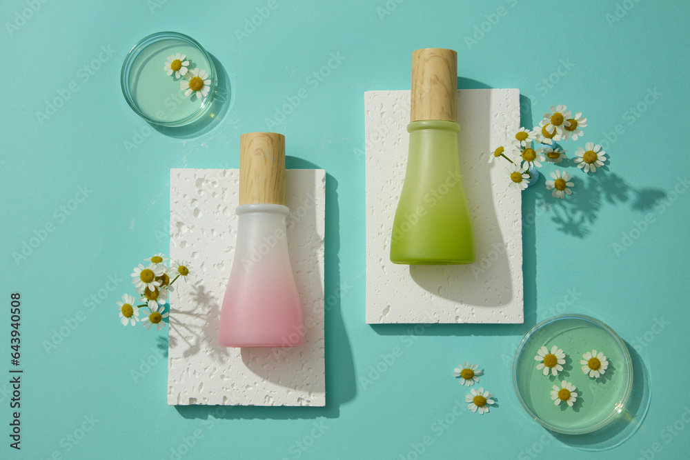Two bottles in pink and green color put on stone podiums. Petri dishes of essential oil and Chamomilla flowers. Mockup bottle for skin care cosmetic extracted from Chamomilla (Matricaria chamomilla)