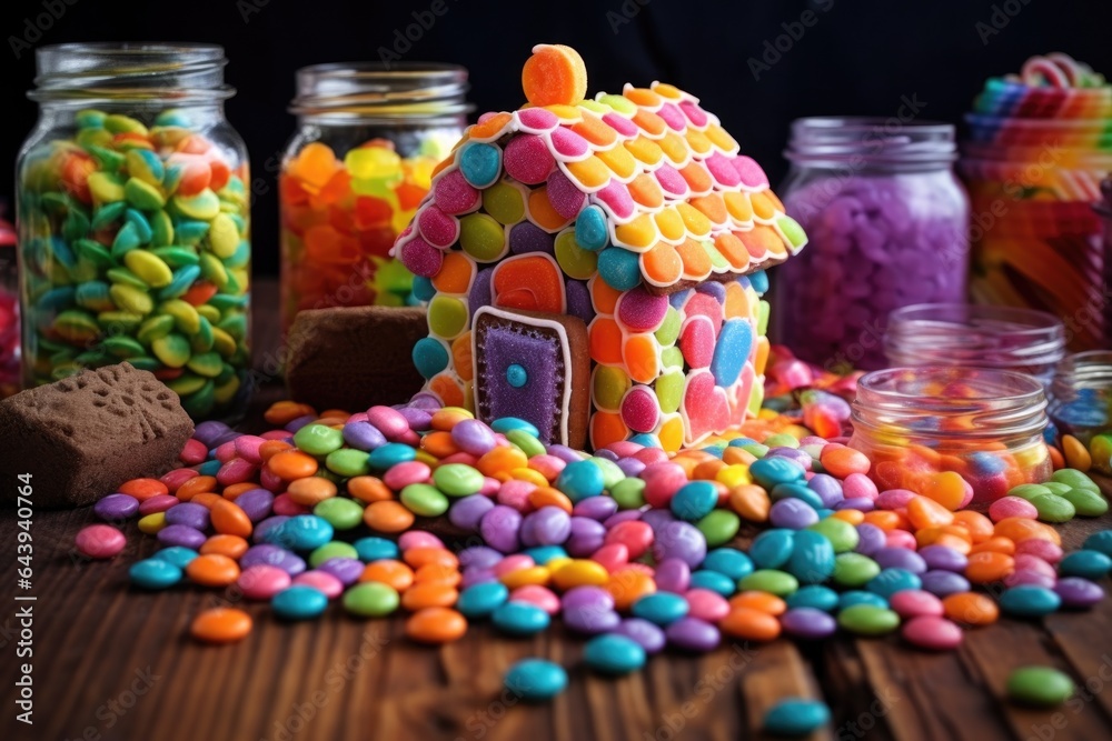decorating gingerbread house with colorful candies
