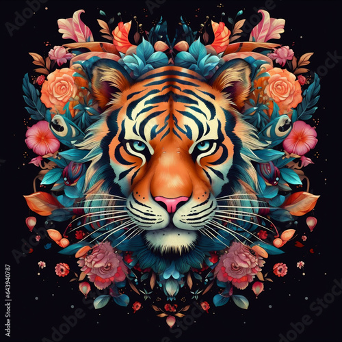 Ai generative image of tiger surrounded by flowers around the head.