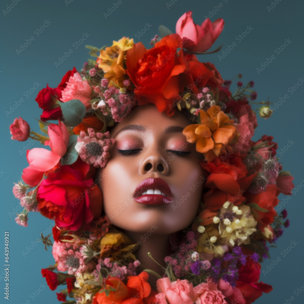 Ai generative image of woman whit flowers on her head.