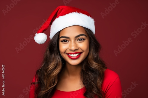 Portrait of a beautiful festive woman model wearing a father christmas red santa hat