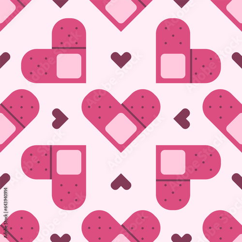 Flat cute seamless pattern of medical plaster with hearts. Blood donation print design in doodle style..