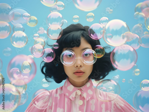Woman with bubble glasses, blue background, fun and cute, summer feeling