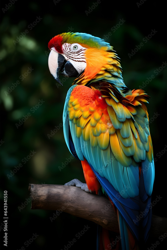 Obraz premium Blue yellow macaw parrot. Colorful cockatoo parrot sitting on wooden stick. Tropical bird park.